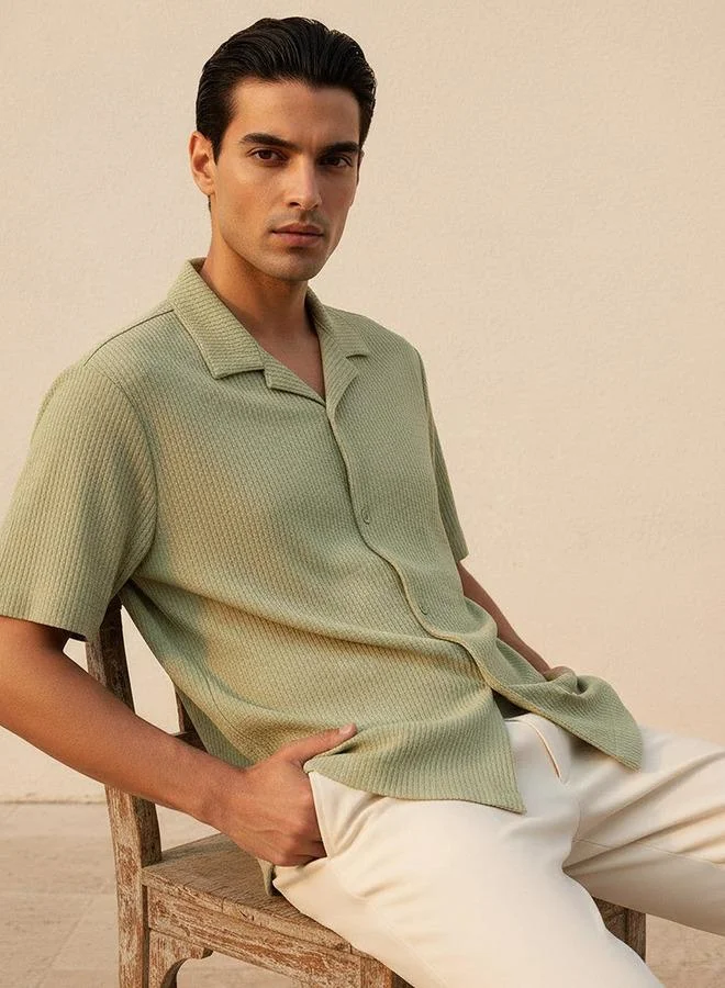 Iconic GREEN Iconic Regular Fit Camp Collar Textured Short Sleeves Shirt for Men | Best Price UAE