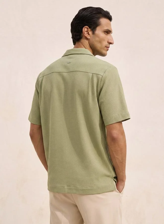 Iconic GREEN Iconic Regular Fit Camp Collar Textured Short Sleeves Shirt for Men | Best Price UAE