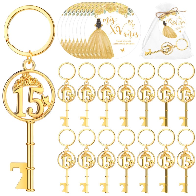 Sliner 25 Sets Quinceanera Party Favors for Guests 15 Birthday Keychain 15 Years Old Bottle Opener Thank You Tags Quinceanera Gift Birthday Quince Party Souvenirs for Girl Adults (Gold) - Image 1
