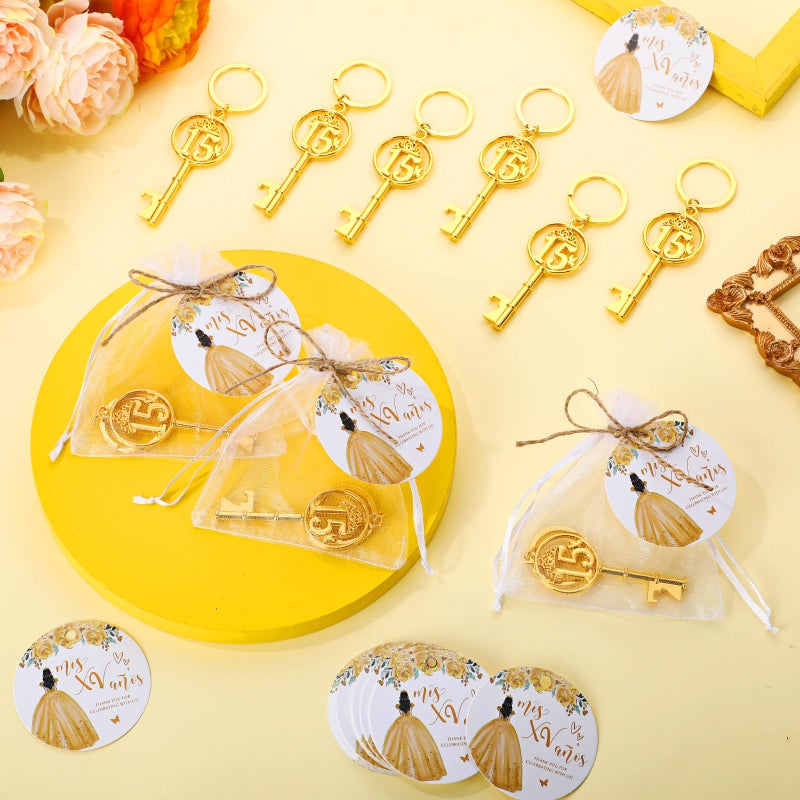 Sliner 25 Sets Quinceanera Party Favors for Guests 15 Birthday Keychain 15 Years Old Bottle Opener Thank You Tags Quinceanera Gift Birthday Quince Party Souvenirs for Girl Adults (Gold) - Image 5