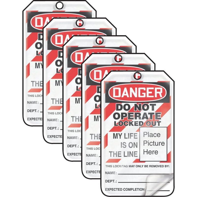 Accuform Lockout Tags, Pack of 5, Danger Do Not Operate Locked Out My Life is on The Line with Picture Insert, Tear & Water Resistant Self-Laminating PF-Cardstock with Grommets - Image 2