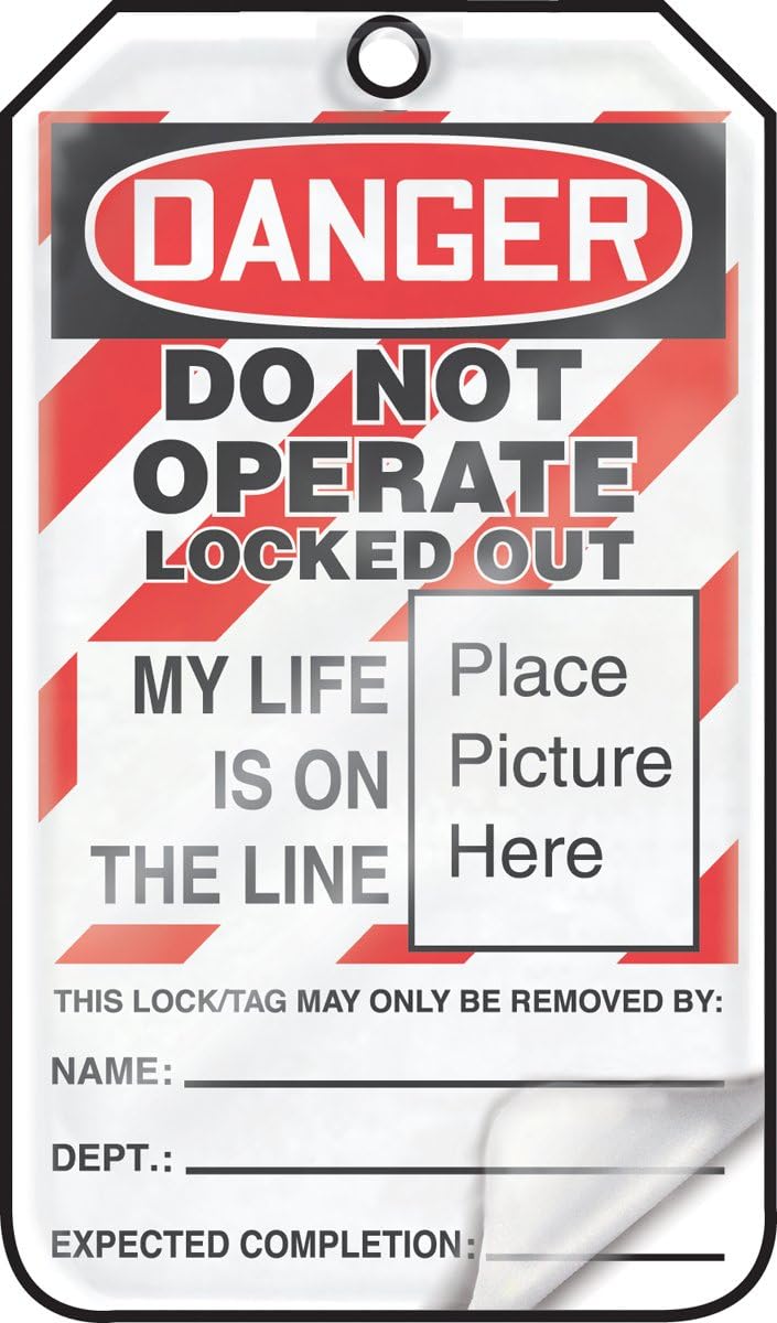Accuform Lockout Tags, Pack of 5, Danger Do Not Operate Locked Out My Life is on The Line with Picture Insert, Tear & Water Resistant Self-Laminating PF-Cardstock with Grommets - Image 1