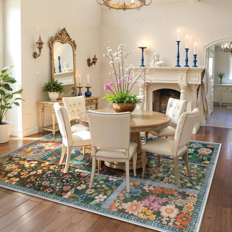 LIVEBOX 5x7 Washable Rug for Living Room, Soft Patchwork Dark Brown Rugs for Bedroom, Non Slip Ultra Thin Rug Botanical Stain Resistant Floor Carpet for Dining Room Home Office - Image 4