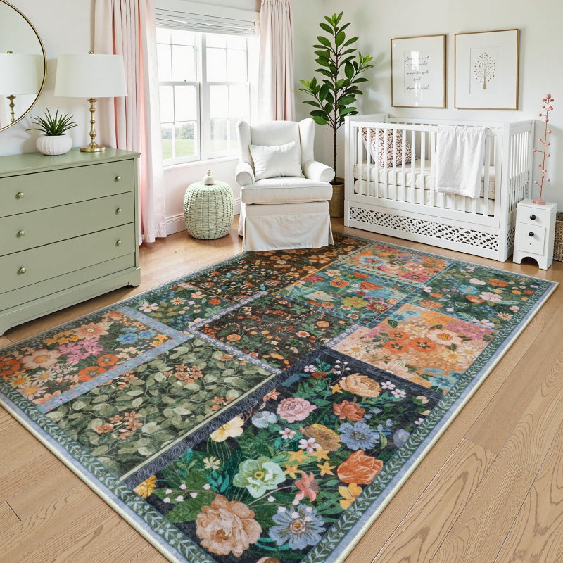 LIVEBOX 5x7 Washable Rug for Living Room, Soft Patchwork Dark Brown Rugs for Bedroom, Non Slip Ultra Thin Rug Botanical Stain Resistant Floor Carpet for Dining Room Home Office - Image 3