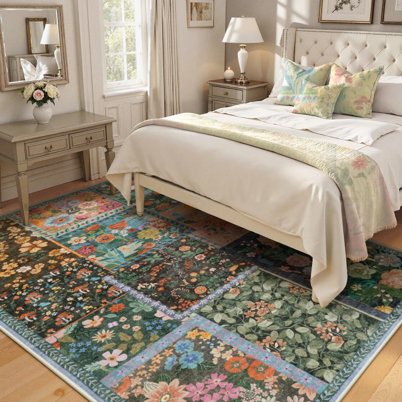 LIVEBOX 5x7 Washable Rug for Living Room, Soft Patchwork Dark Brown Rugs for Bedroom, Non Slip Ultra Thin Rug Botanical Stain Resistant Floor Carpet for Dining Room Home Office - Image 2