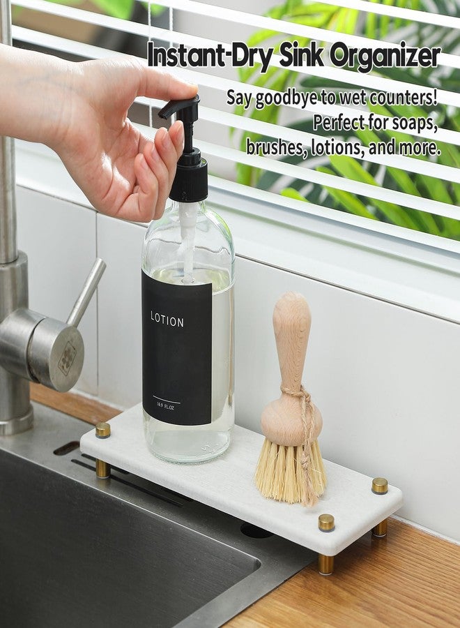 Razborci Water Absorbing Stone Sink Caddy Kitchen Sink Organizer Tray, Diatomite Bathroom Counter Tray, Gold Faucet Drying Mat Coaster Soap Dish Rack Riser Dispenser Sponge Holder, Beige 10" x 4" - Image 2
