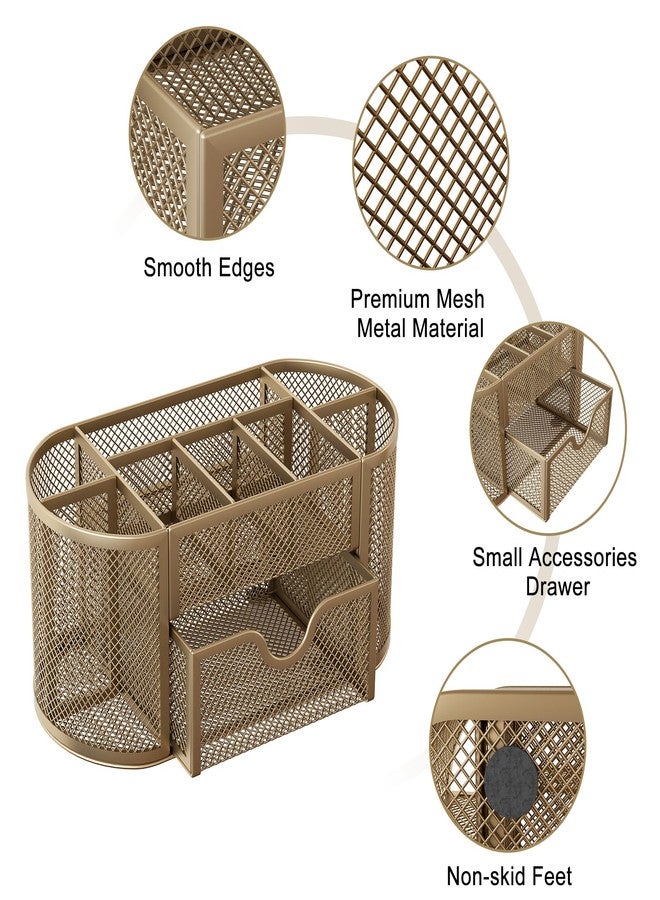 EasyPAG Desk Organizer Mesh Desktop Office Supplies Multi-functional Caddy Pen Holder Stationery with Drawer,Gold - Image 3