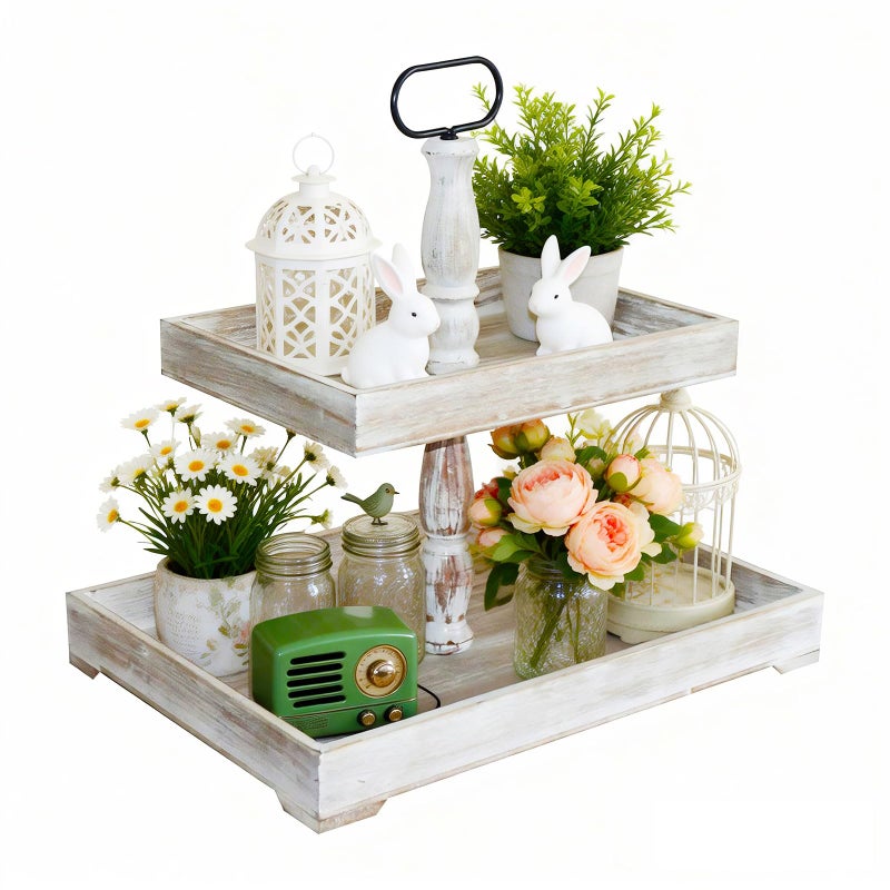 Krismax Decorative Tray Cupcake Stand Two Tiered Tray Farmhouse Rustic 2 Tiered Serving Tray for Home and Kitchen Decor Party WeddingsHoliday Decoration Customizable Display Options - Image 2