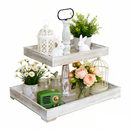 Krismax Decorative Tray Cupcake Stand Two Tiered Tray Farmhouse Rustic 2 Tiered Serving Tray for Home and Kitchen Decor Party WeddingsHoliday Decoration Customizable Display Options - Image 1