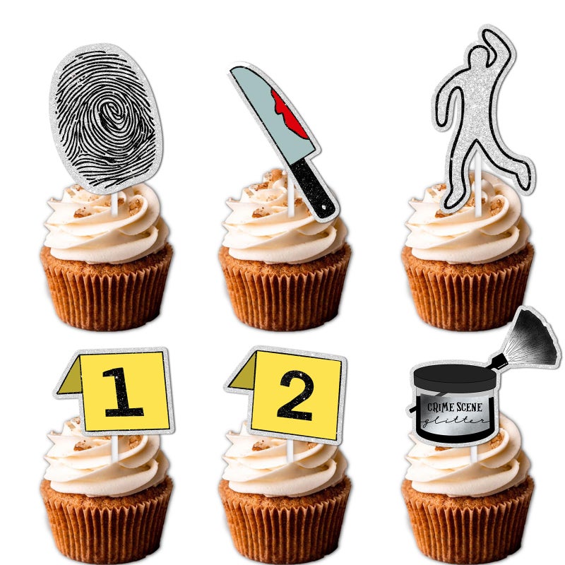 LETLIMIT 18pcs Glitter Detective Fingerprint Suspect Dessert Cupcake Topper Mystery Crime Clue Evidence Theme Men Women Girls Boys Happy Birthday Party Decor Supplies Decorations - Image 2