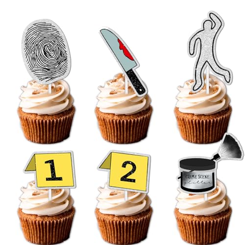 LETLIMIT 18pcs Glitter Detective Fingerprint Suspect Dessert Cupcake Topper Mystery Crime Clue Evidence Theme Men Women Girls Boys Happy Birthday Party Decor Supplies Decorations - Image 1