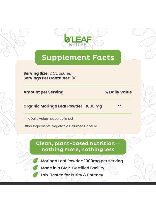 b'leaf NATURE كبسولات المورينغا العضوية النقية 1000 ملغ، 180 حبة – كبسولات المورينغا مع مسحوق أوليفيرا العضوي لدعم المناعة والطاقة والتوازن – مكملات نباتية، غير معدلة وراثيًا لصحة يومية - Image 2