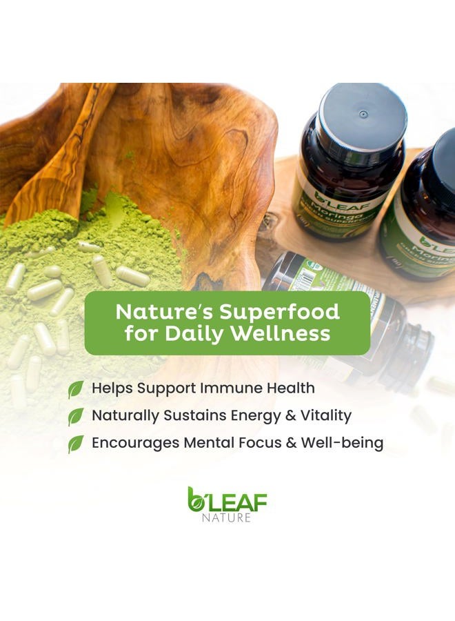b'leaf NATURE كبسولات المورينغا العضوية النقية 1000 ملغ، 180 حبة – كبسولات المورينغا مع مسحوق أوليفيرا العضوي لدعم المناعة والطاقة والتوازن – مكملات نباتية، غير معدلة وراثيًا لصحة يومية - Image 4