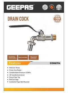 GEEPAS Drain Cock Solid Metal Lever Handle with Ball Valve Cartridge, Wall Mounted Tap Ideal for Residential and Commercial Use  - Image 5