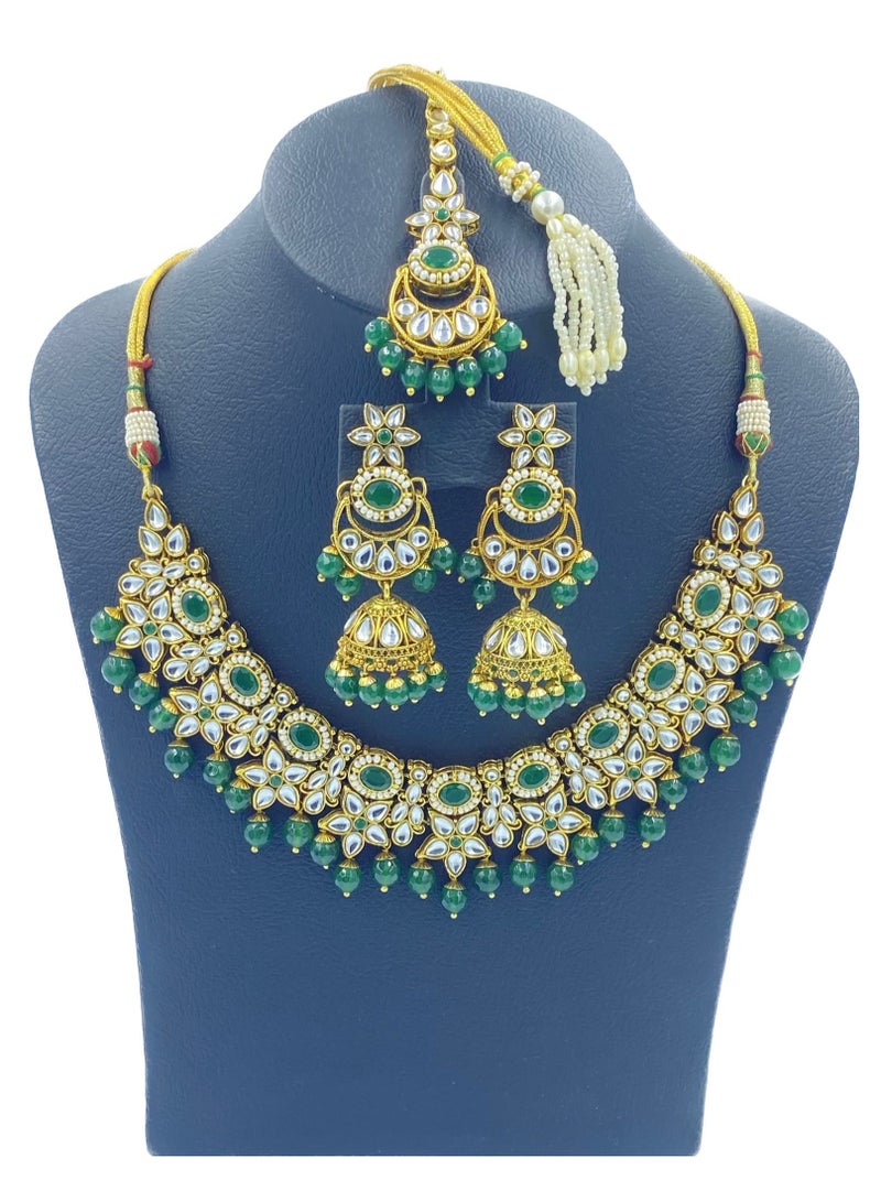 GOHONA Royal Bling Bollywood Traditional Indian Kundan Jewellery Necklace With Earrings Set and 1 Tikka in GREEN colour - Image 2