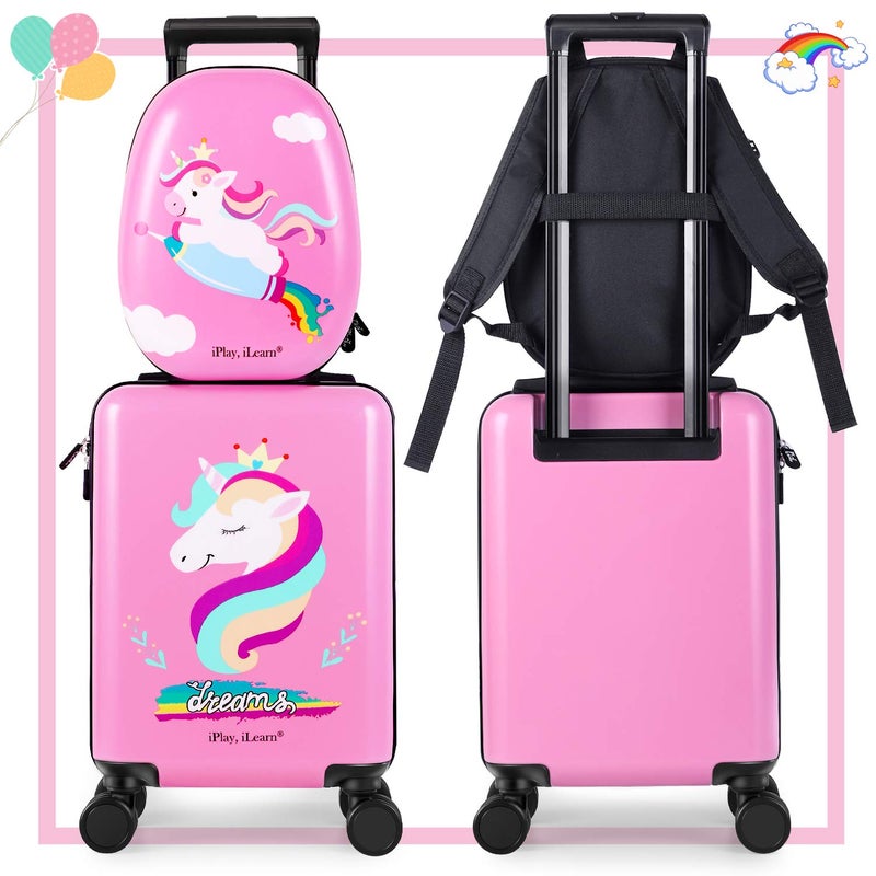 iPlay, iLearn Unicorn Kids Luggage, Girls Carry on Suitcase, 18" Hardside Travel Luggage Set W/Backpack, Toddler Rolling Luggage W/ 4 Spinner Wheels, Children Holiday Birthday Gift - Image 2