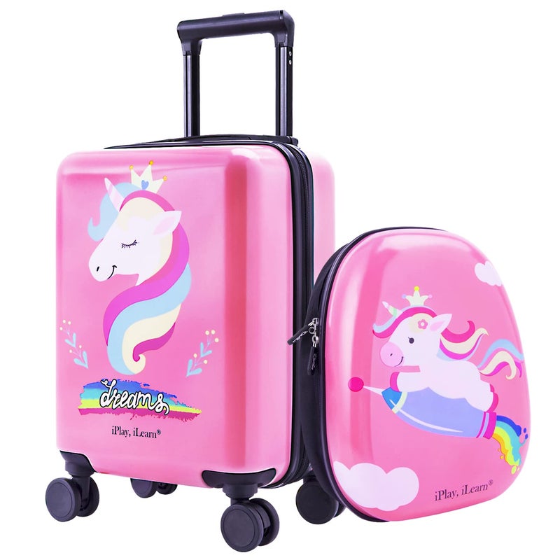 iPlay, iLearn Unicorn Kids Luggage, Girls Carry on Suitcase, 18" Hardside Travel Luggage Set W/Backpack, Toddler Rolling Luggage W/ 4 Spinner Wheels, Children Holiday Birthday Gift - Image 1