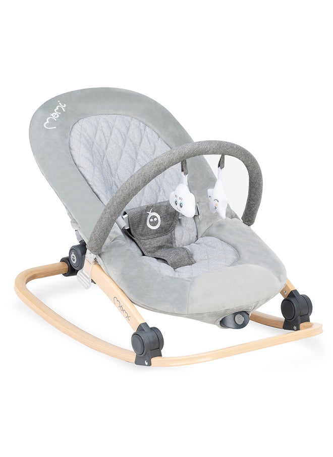 Momi LUMIWOOD Lightweight Ergonomic Baby Rocker Bouncer, Modern Design, Anti-slip pad, Plays Melodies, Sensory Module, Colourful Pattern, Wooden Frame for 0+ Months, Grey  - Image 1