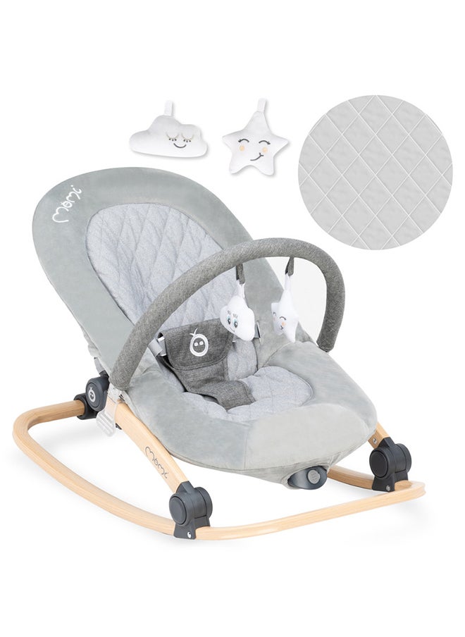 Momi LUMIWOOD Lightweight Ergonomic Baby Rocker Bouncer, Modern Design, Anti-slip pad, Plays Melodies, Sensory Module, Colourful Pattern, Wooden Frame for 0+ Months, Grey  - Image 5