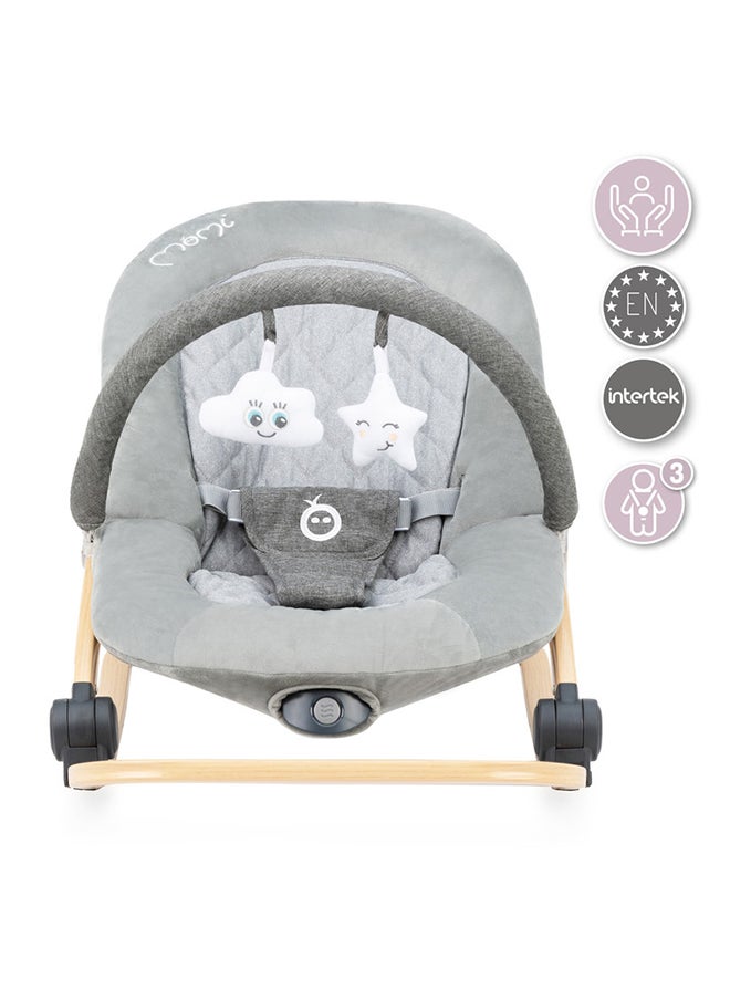 Momi LUMIWOOD Lightweight Ergonomic Baby Rocker Bouncer, Modern Design, Anti-slip pad, Plays Melodies, Sensory Module, Colourful Pattern, Wooden Frame for 0+ Months, Grey  - Image 2