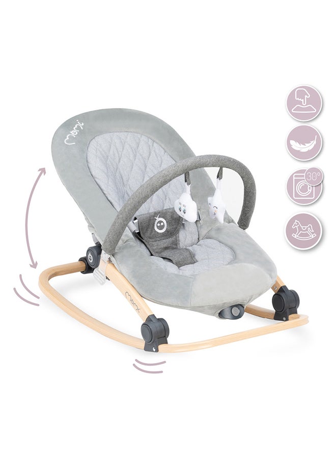 Momi LUMIWOOD Lightweight Ergonomic Baby Rocker Bouncer, Modern Design, Anti-slip pad, Plays Melodies, Sensory Module, Colourful Pattern, Wooden Frame for 0+ Months, Grey  - Image 3