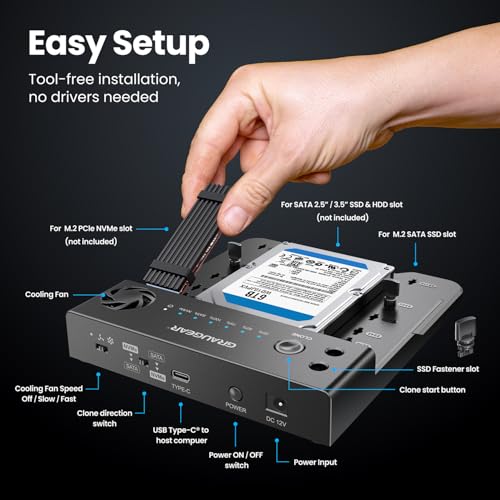 GRAUGEAR SATA SSD/HDD to M.2 NVMe Docking Station, USB-C 10Gbps Clone Station for M.2 NVMe SSD to SATA 2.5”/3.5” SSD & HDD Converter, Offline Cloning, Tool-Free, Built-in Cooling Fan - Image 2