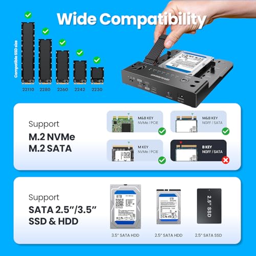 GRAUGEAR SATA SSD/HDD to M.2 NVMe Docking Station, USB-C 10Gbps Clone Station for M.2 NVMe SSD to SATA 2.5”/3.5” SSD & HDD Converter, Offline Cloning, Tool-Free, Built-in Cooling Fan - Image 4