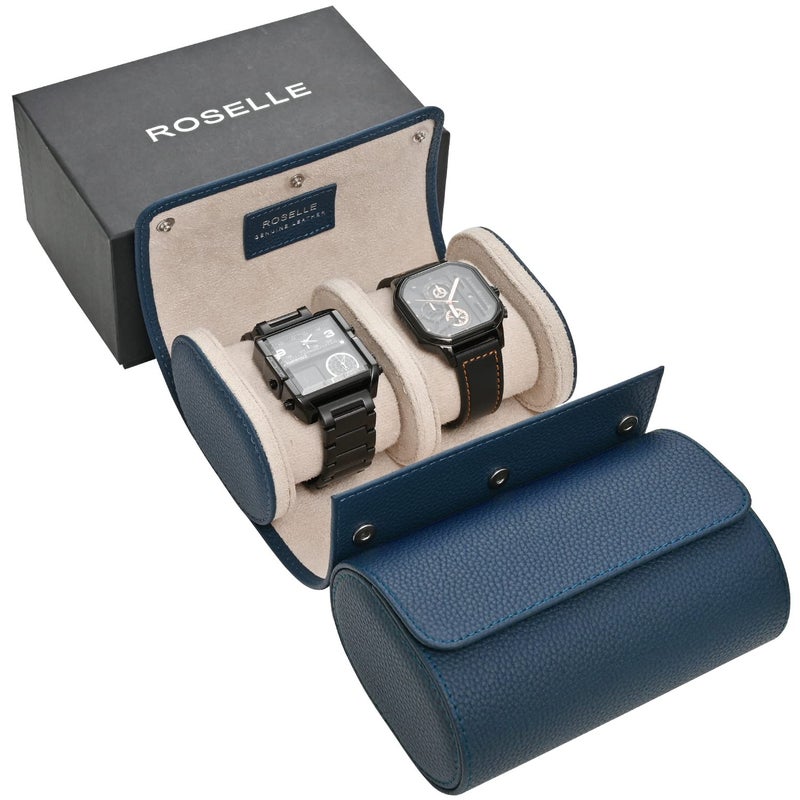 ROSELLE Genuine Leather Watch Roll Travel Case Watch Roll Case For 2 Watches With Luxury Lining Protect TravelStore Display Fine Watches 2 slot BlueGenuine Leather