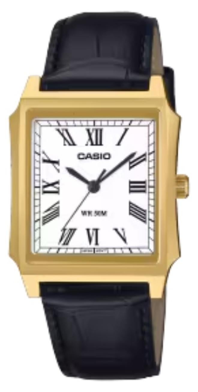 MTP-B190GL-7BVDF Men’s Analog Watch, Gold-Tone Stainless Steel Case, White Dial, Black Leather Strap 50M WR