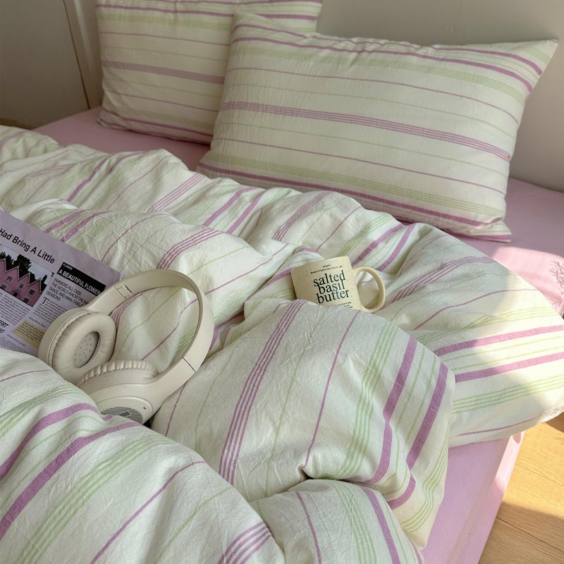 EAVD Vintage Style Striped Duvet Cover Queen Size Soft 100% Cotton Green Purple Vertical Stripes Pattern Bedding Set with 2 Pillowcases Reversible Farmhouse Geometric Pattern Duvet Cover with Zipper - Image 5