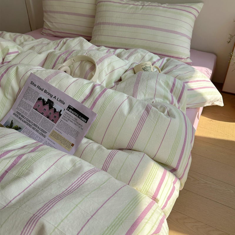EAVD Vintage Style Striped Duvet Cover Queen Size Soft 100% Cotton Green Purple Vertical Stripes Pattern Bedding Set with 2 Pillowcases Reversible Farmhouse Geometric Pattern Duvet Cover with Zipper - Image 3