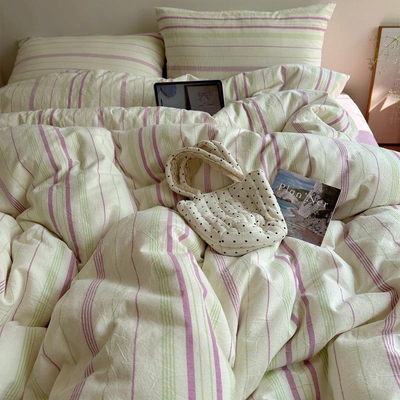 EAVD Vintage Style Striped Duvet Cover Queen Size Soft 100% Cotton Green Purple Vertical Stripes Pattern Bedding Set with 2 Pillowcases Reversible Farmhouse Geometric Pattern Duvet Cover with Zipper - Image 2