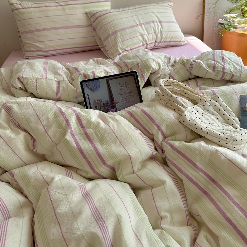 EAVD Vintage Style Striped Duvet Cover Queen Size Soft 100% Cotton Green Purple Vertical Stripes Pattern Bedding Set with 2 Pillowcases Reversible Farmhouse Geometric Pattern Duvet Cover with Zipper - Image 4