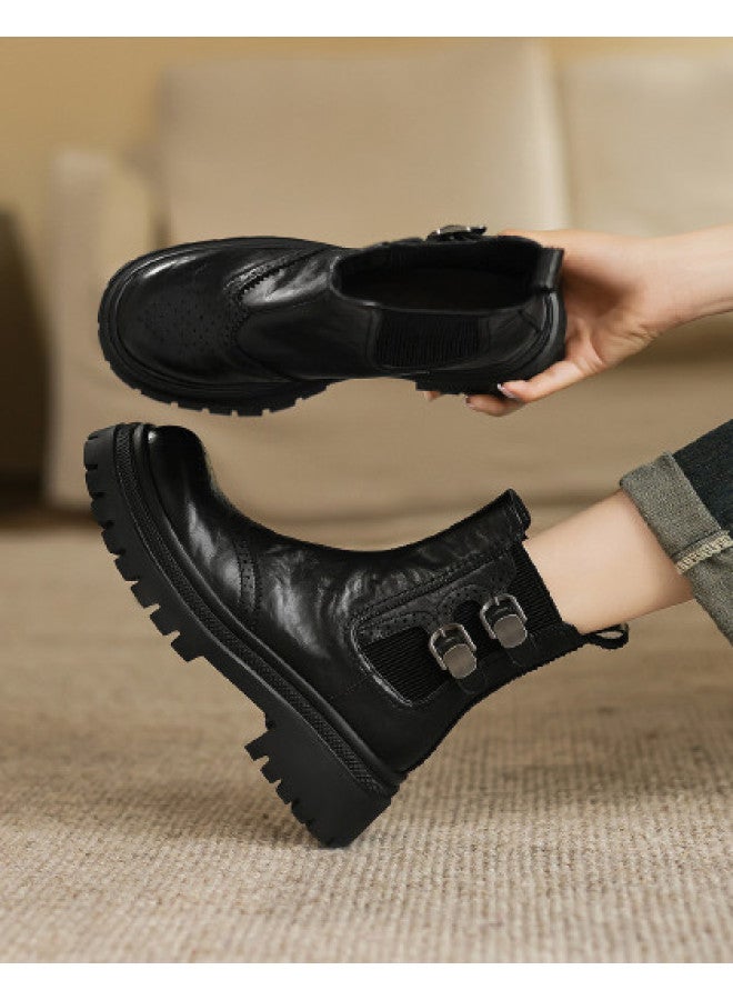 AME Block Women's Ankle Boots 2025 New Style, Unique Buckle British Martin Boots, Slip-on Ankle Boots - Image 1