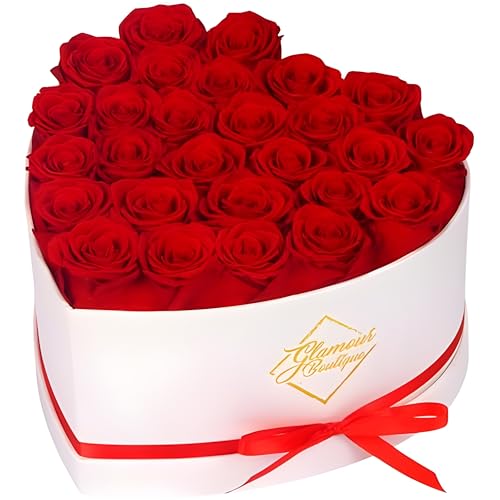 GLAMOUR BOUTIQUE Preserved Roses in a Box Gifts for Her Wife Mom Rose Flowers Forever Decor for Birthday Gift Get Well Flower Bouquet Cased in White Box with Cover Red 27 ColorTreated - Image 1