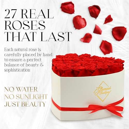 GLAMOUR BOUTIQUE Preserved Roses in a Box Gifts for Her Wife Mom Rose Flowers Forever Decor for Birthday Gift Get Well Flower Bouquet Cased in White Box with Cover Red 27 ColorTreated - Image 3