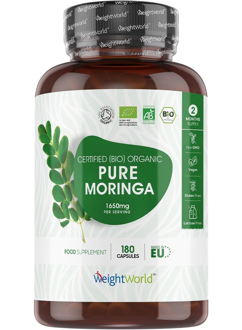 WeightWorld Moringa Capsules, Certified Organic, 180 Capsules, 1650 mg per Dose, Natural and Vegan Superfood, Organic Moringa Oleifera Leaves Source of Vitamins and Minerals, 2 Months Stock, Gluten Free - Image 1
