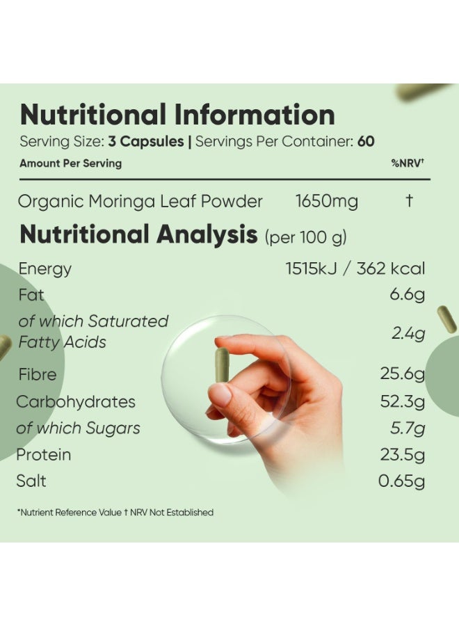 WeightWorld Moringa Capsules, Certified Organic, 180 Capsules, 1650 mg per Dose, Natural and Vegan Superfood, Organic Moringa Oleifera Leaves Source of Vitamins and Minerals, 2 Months Stock, Gluten Free - Image 5