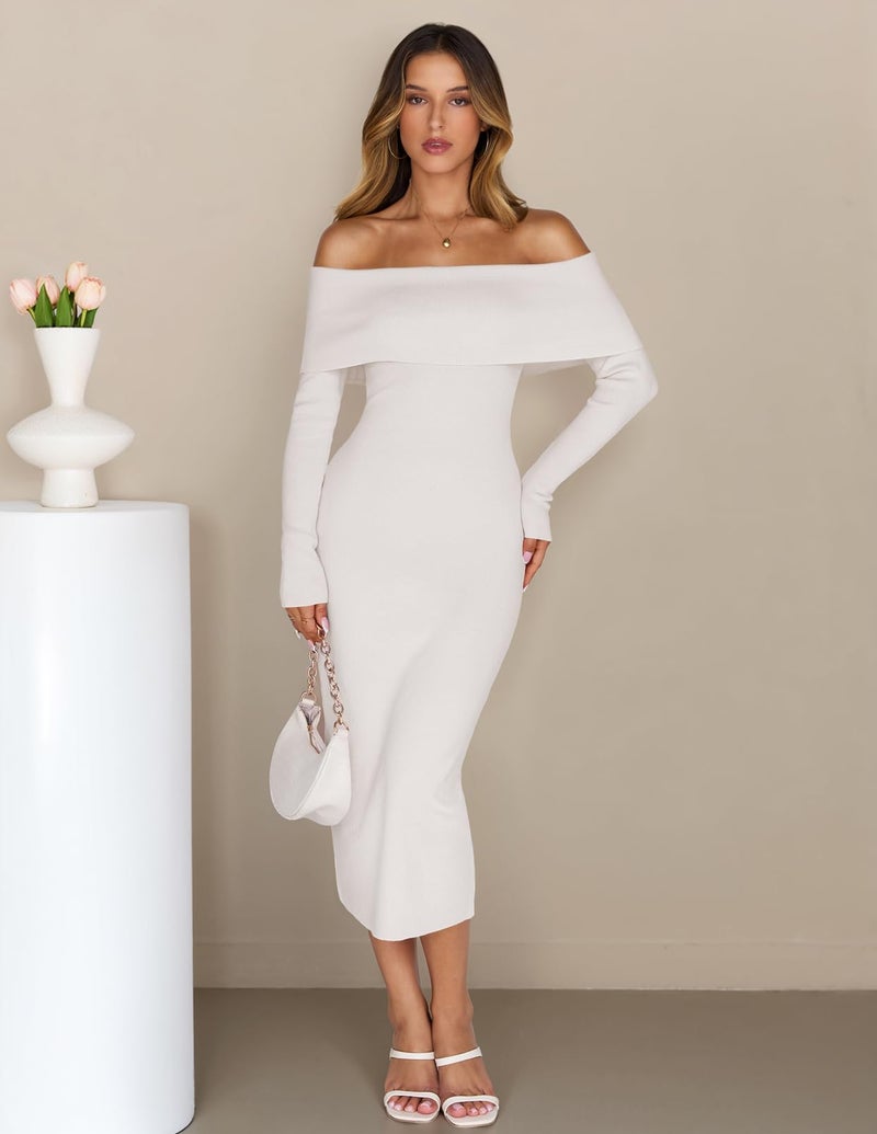 MEROKEETY Women's Winter Off Shoulder Bodycon Sweater Dress 2026 Spring Formal Long Sleeve Elegant Club Party Midi Dresses, White, Small - Image 3