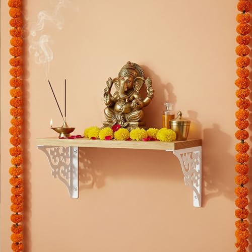 Spillbox Wooden Pooja Home Temple|White Metal Shelf |Wall Mountable|Easy Screw Assembly|Home Temple for Puja Room |Pooja Stand | Mandir-Triple Floral (Large White) - Image 1