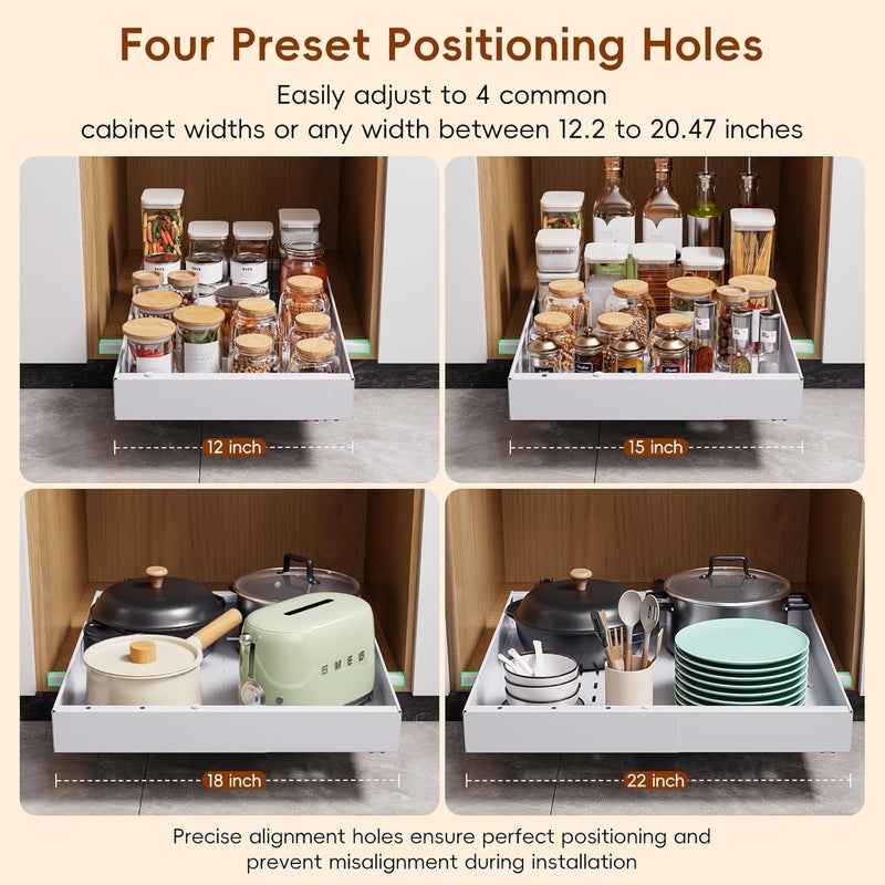 OneDream 4 Pack Pull Out Cabinet Organizer, 21" Deep Slide Out Drawers for Kitchen Cabinets, No Drill Adhesive Pull Out Drawers for Cabinets, Roll Out Shelves Adjustable Width 12.05"-20.4" - Image 5