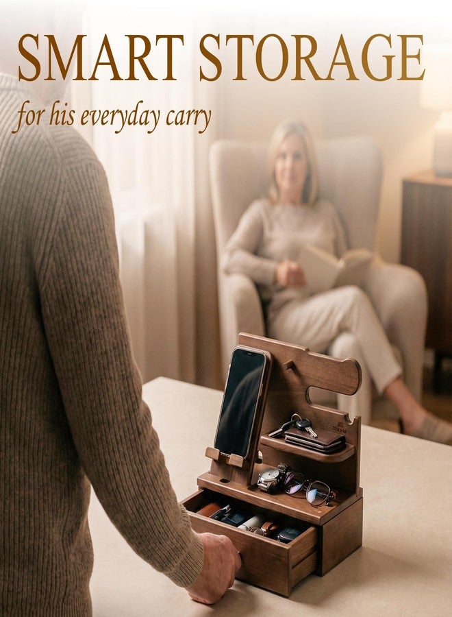 TESLYAR Wood Phone Docking Station with Drawer - Nightstand Organizer - Desk Organizer for Husband - Birthday Gifts for Men, Dad, Anniversary Idea, Key Holder Stand Watch & Accessories (Desert Beige) - Image 4