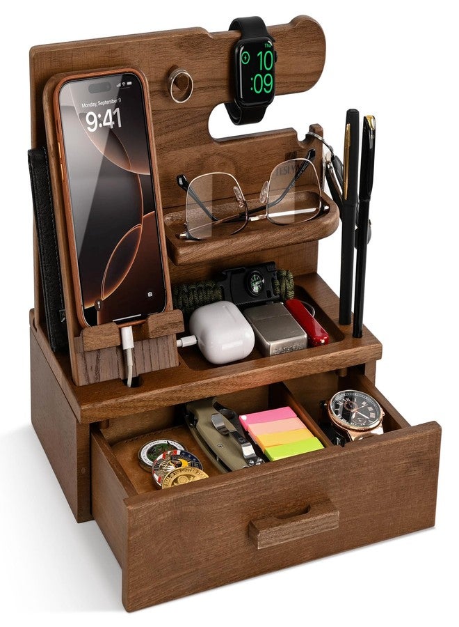TESLYAR Wood Phone Docking Station with Drawer - Nightstand Organizer - Desk Organizer for Husband - Birthday Gifts for Men, Dad, Anniversary Idea, Key Holder Stand Watch & Accessories (Desert Beige) - Image 1
