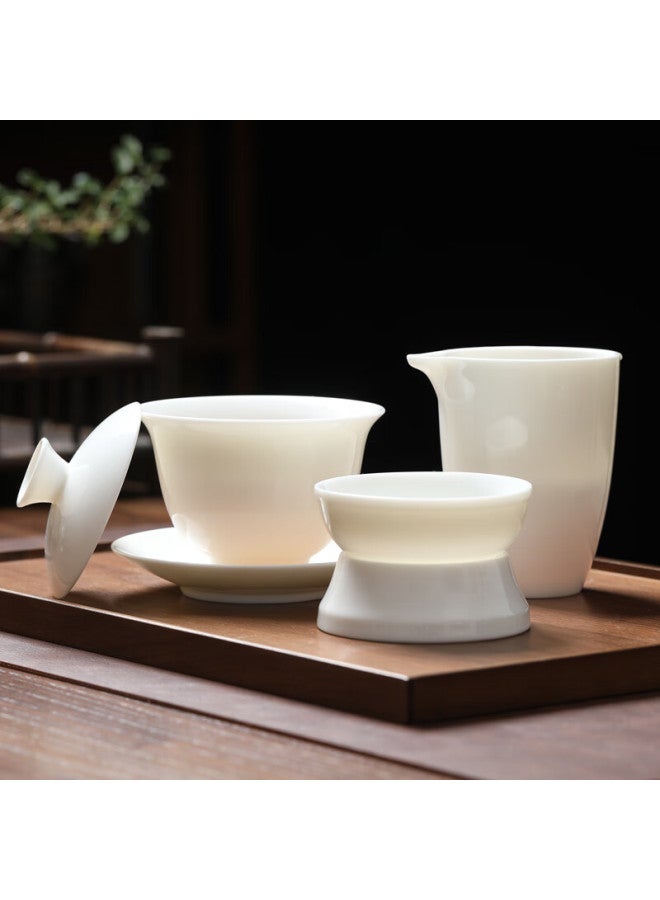 Yuanqingjiasheng Complete Kung Fu Tea Set, Chinese White Jade Porcelain Ceramic Tea Set With Gaiwan, Gongfu Cup, And Tea Strainer, Three-piece Set - Image 1