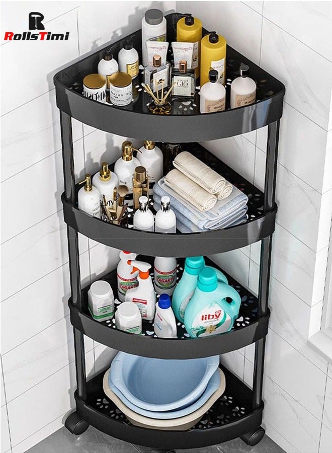 RollsTimi  4-Layer Shower Caddy Corner Shelves, Bathroom Shelving Unit Cart with Wheel for Rust Proof Corner Open Storage Cart for Bathroom, Kitchen, Laundry, Black - Image 1