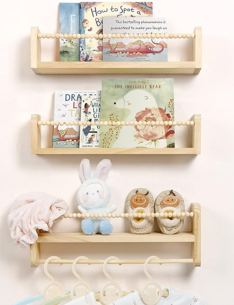 Maxpeuvon Nursery Floating Shelves for Wall, Set of 3 Book Shelves Natural Wood Wall Mounted Organizer with Towel Bar Hanging Bookshelves Nursery Decor for Kids Room, Bedroom and Kitchen - Image 1