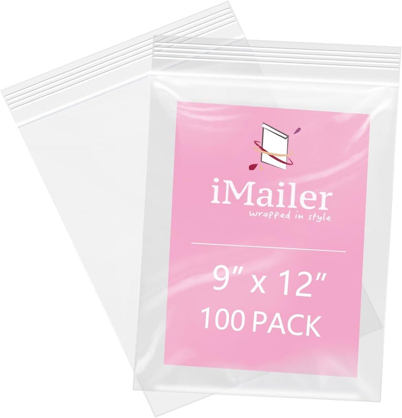 iMailer 100 Pcs- 9" x 12", 2 Mil Reclosable Plastic Zip Poly Bags- Clear Resealable Sealing Storage Ziplock Bag for A4, Letter Sized Documents, Marketing Materials, Clothes - Image 1