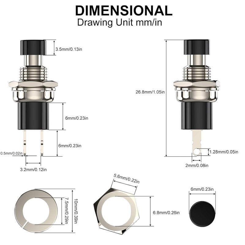 DIYhz Momentary Push Button Switch, 1A 250V AC SPST Mini Pushbutton Switches with Wire Normal Closed(NC) Black Cap - 10pcs - Image 5
