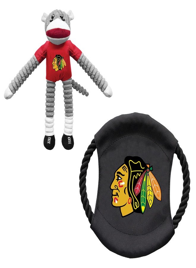 ليتل إيرث مجموعة ألعاب Littlearth NHL Chicago Blackhawks Sock Monkey و Flying Disc للحيوانات الأليفة، لون الفريق، مقاس واحد - Image 1