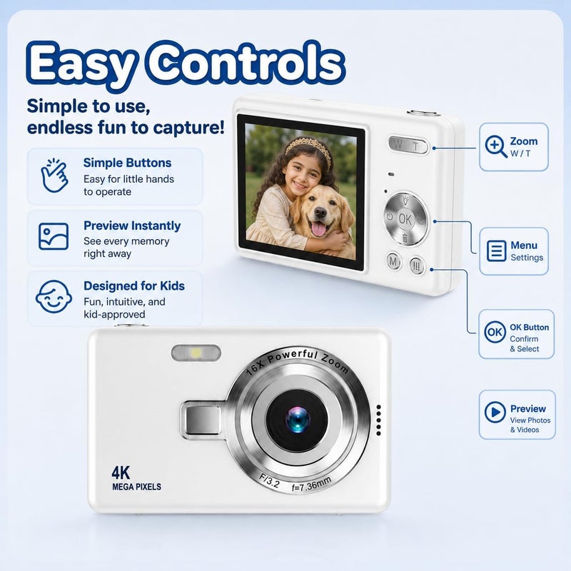 Favarey Digital Camera, FHD 1080P Point and Shoot Kids Camera with 16X Zoom, Anti-Shake, 32GB Card - Compact Kids Digital Camera Gift for Boys, Girls (White) - Image 2